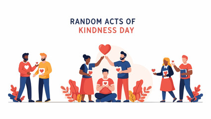 Fototapeta premium Illustration of diverse people engaging in acts of kindness on Random Acts of Kindness Day with a white background and vibrant colors.