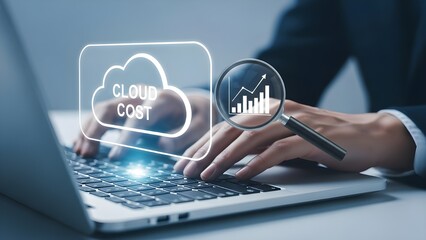 Businessperson analyzing cloud data on laptop with graphs