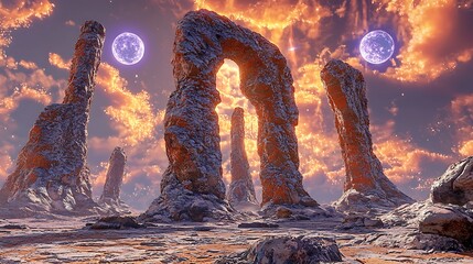 Alien Fantasy Landscape with Towering Rock Arches and Glowing Moons Under a Fiery Cosmic Sky