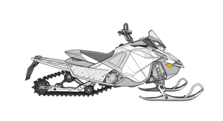 contemporary high-performance snowmobile rendered as a detailed, monochrome vector technical drawing in side profile, focused on mechanical components, transparent background. concept of sophisticated