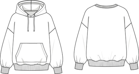 Technical Fashion Flat Sketch of an Oversized Women Hoodie Featuring Drop Shoulders and Kangaroo Pocket in Front and Back View