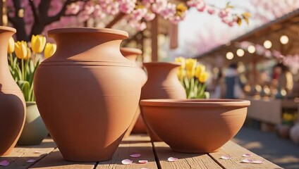 Terracotta Pots and Spring Blossoms at an Outdoor Market.