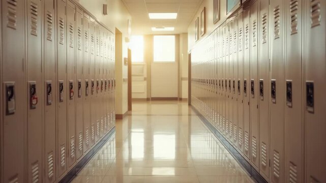 Sunlit school hallway corridor with rows of metal locker and reflective interior floor sunlight