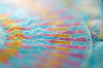 Close-up view on a currency note, showcasing intricate design details. The blurred background emphasizes the texture and artistry of the money, ideal for financial themes.