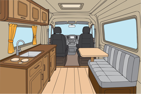 Vector illustration of a campervan interior featuring a compact kitchen set and a cozy sofa, designed to show comfort, functionality, travel lifestyle, and smart use of space on the road.