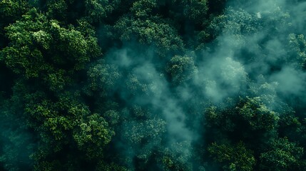 Aerial Top Down View of Dense Green Forest Canopy Shrouded in Fog and Mist