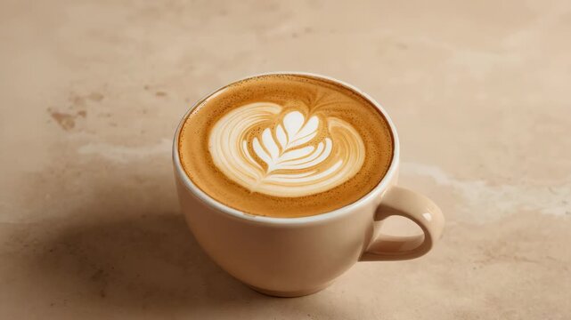 Creamy latte coffee cup with leaf and heart latte art foam cozy cappuccino warm morning