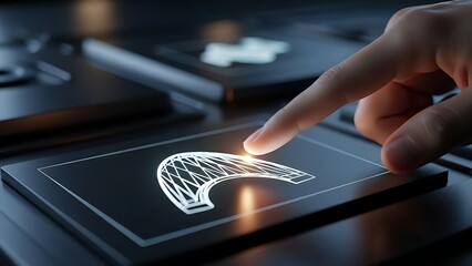hand touching a digital screen with a glowing white bridge design on a dark background with other screens in the blurry background