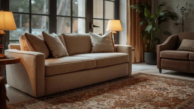 Cozy beige sofa with decorative pillows and armchair in living room lit by lamp with patterned rug