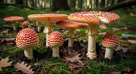 Amanita muscaria mushrooms in a forest setting, close-up view.