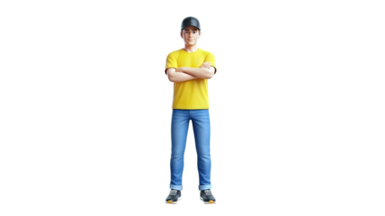 3D Animated Young Man in Yellow T-Shirt and Jeans with Crossed Arms