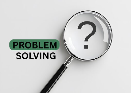 Magnifying glass with question mark and &ldquo;PROBLEM SOLVING&rdquo; text, symbolizing investigation and solution-oriented thinking.