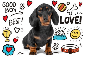 A black and tan dachshund sits on a white background surrounded by playful hand-drawn doodles of hearts, bones, a collar, and text showing affection and positivity