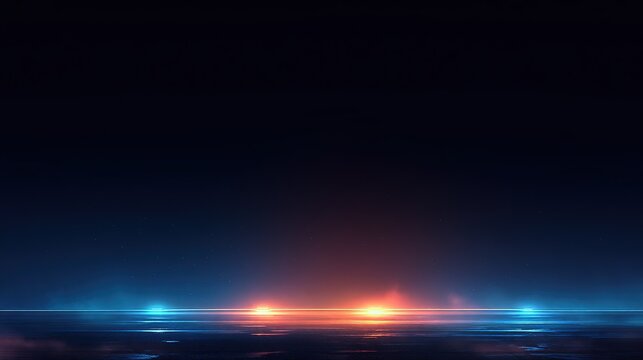 Dark background with blue to orange gradient light and shadow, asphalt ground with thin fog, three glowing colorful lights, central empty space, high-resolution mysterious backdrop