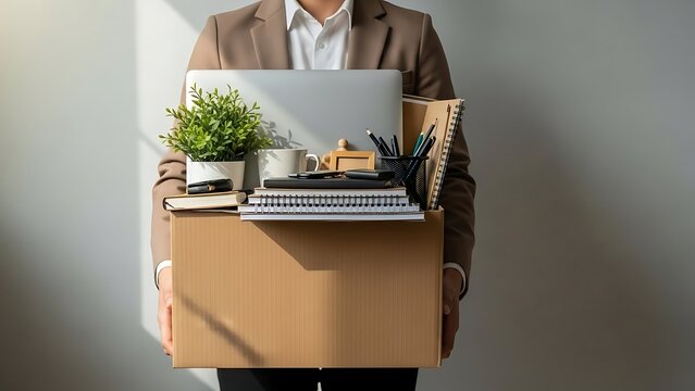 Unemployment, Job Loss Concept Person Holding Box of Belongings, Layoff, Job Termination