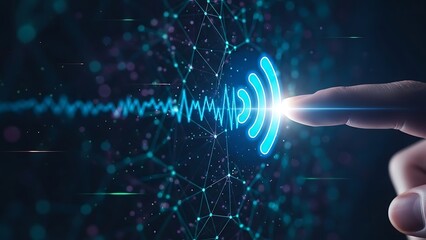 hand touching glowing blue wifi symbol with sound wave on dark background with dots and lines