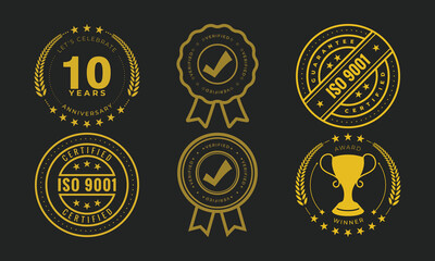 Luxury Gold Certification Badges Set with ISO 9001 Award and Anniversary Emblems