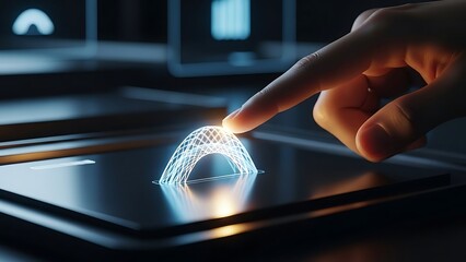 hand touching glowing digital 3D wireframe arch on tablet screen in dark room with blurred computer screens