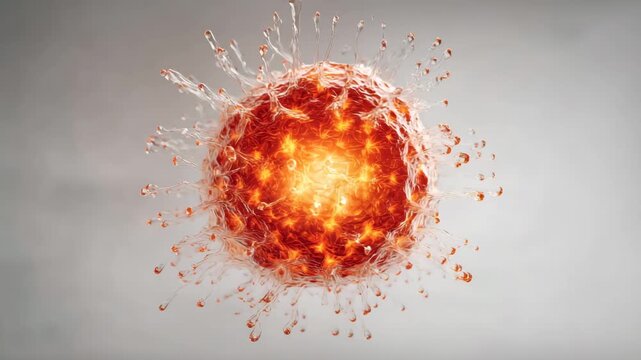 Red sphere with glowing orange translucent tendrils and luminous lipid core surrounded by transparent fluid droplets emitting vibrant warm light