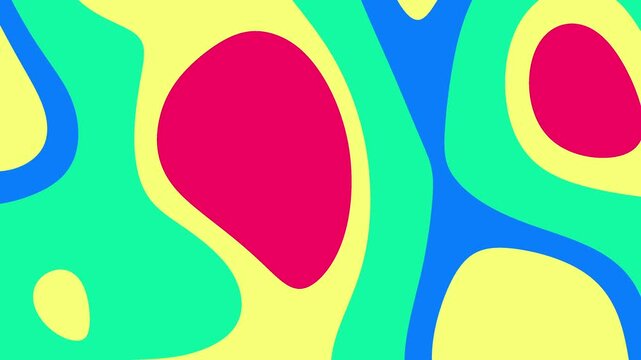 Bright and contrasting liquid blobs moving in a psychedelic pattern. Features flat vibrant colors like neon cyan, yellow, and magenta in a groovy style.