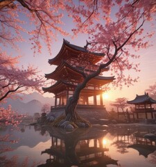 Obraz premium A stunning traditional Japanese painting of a Sakura tree in front of a beautiful temple with a sunrise background and blooming flowers , Sunrise, Art