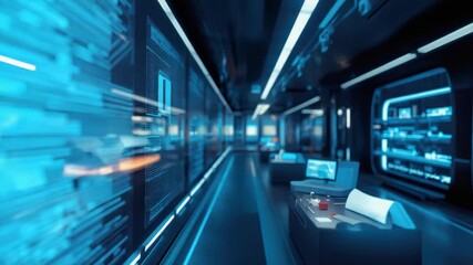 Futuristic data center corridor with glowing blue server racks, holographic display, technology - Powered by Adobe