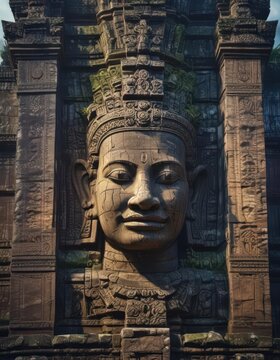 Ancient stone tower with intricate carvings of Angkor Wat temple's faces , historical monuments, ancient