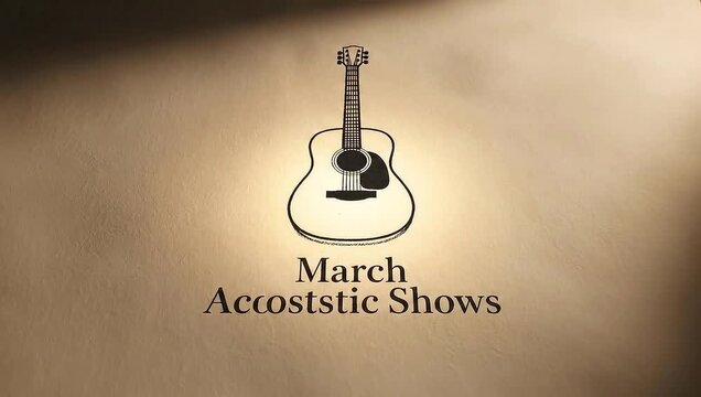 Acoustic Guitar and March Acoustic Shows Text on a Brown Background.