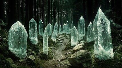 Enchanted Forest Path Lined with Tall Glowing Quartz Crystals and Dark Evergreen Trees