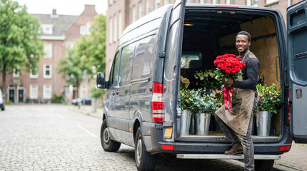 African American florist standing in open van filled with vibrant flowers, holding a bouquet of red roses, showcasing the beauty of floral delivery and passion for nature