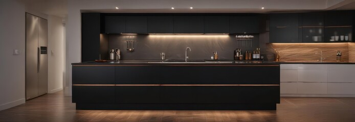 Sleek black cabinetry with warm LED strip lighting,  monochromatic color scheme,  contemporary style