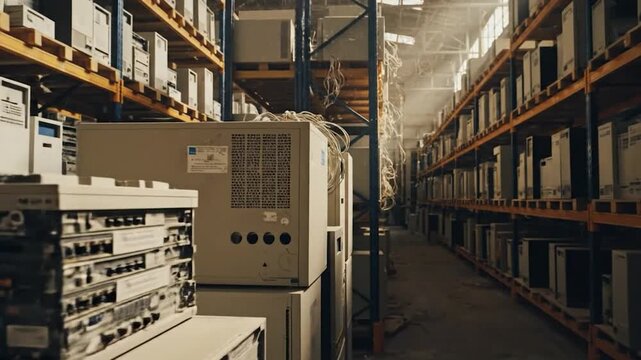 Old computer systems and CRT monitors stacked on racks in a large, dusty warehouse