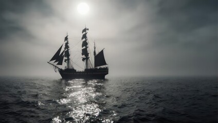 Obraz premium Pirate Ship Sailing on a Foggy Sea Under a Glimmering Sun.