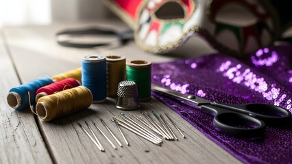A collection of sewing tools and materials on a wooden table