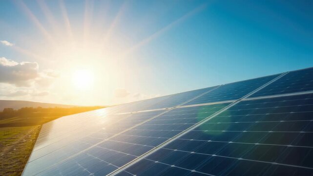 Solar panel array bright sunrise with warm sunlight, clear sky and renewable energy photovoltaic
