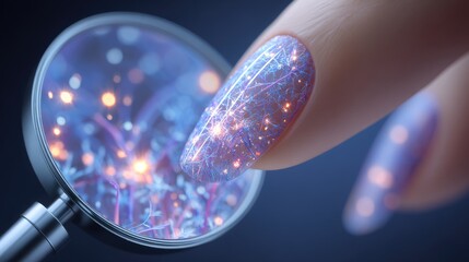 Close-Up of a Sparkling Nail Under a Magnifying Glass with Glowing Patterns and Vivid Colors