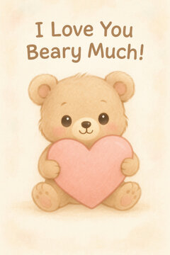 Cute cartoon teddy bear holding pink heart with I love you beary much text on cream background, sweet Valentine's day greeting card