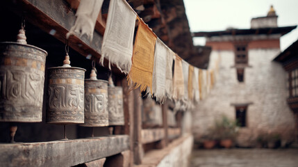 The Lhamoi Dromchhen Festival takes place with vibrant prayer wheels and prayer flags at Trongsa Dzong in Bhutan