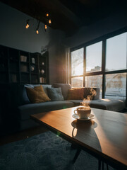 Cozy winter morning in an urban apartment, sunlight streaming through the window, warm coffee on table, photorealistic lifestyle scene, January 2026, modern interior.