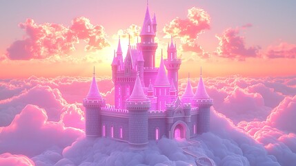 Pink Fairytale Castle Floating Above Ethereal Clouds at Sunrise, Magical Fantasy Kingdom Architecture