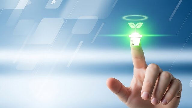 hand touching green glowing plant icon on finger with blue background and light effects - Powered by Adobe