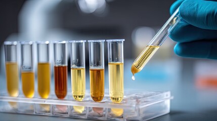 Close-Up of Test Tubes with Various Liquid Samples Being Processed in a Laboratory Setting