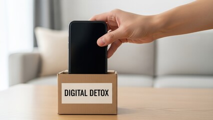 Hand placing smartphone into a box labeled Digital Detox on a wooden table, symbolizing the concept of unplugging and embracing a slower, more mindful lifestyle