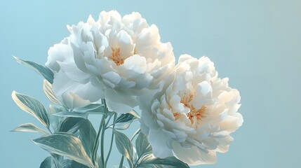 Delicate White Peonies against a Light Blue Background