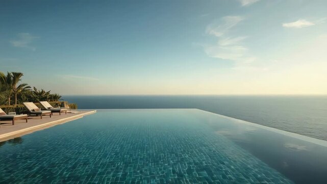 Infinity pool overlooking calm ocean at sunset with lounge chair deck, tropical plant horizon