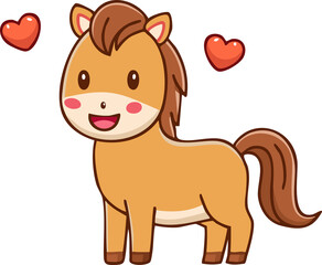 Cute cartoon horse character, standing pose, smiling happily, simple flat design, clean outline, pastel colors, minimal details, white background, kawaii style, vector illustration, character centered