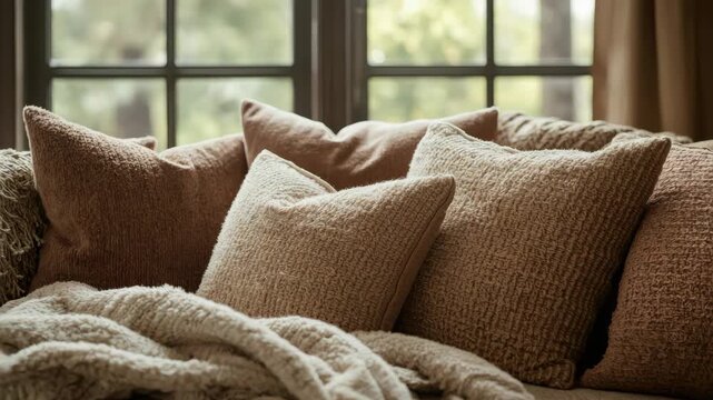 Cozy neutral throw blanket and textured pillow sofa by window cozy neutral throw pillows and plush