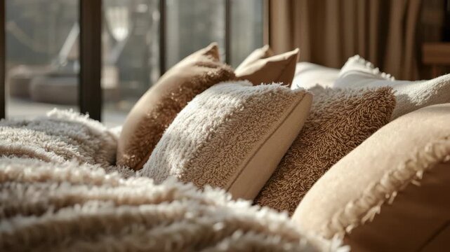 Cozy neutral textured pillow and throw on sunlit sofa evoking warm inviting beige comfort