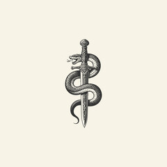 A logo template in the form of a snake wrapped around a sword with a vintage style illustration.