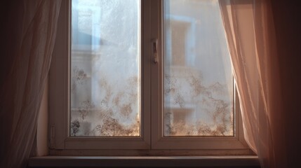 Obraz premium Dirty Window with Foggy Glass and Dust Accumulation in Indoor Environment and Fabric Curtain